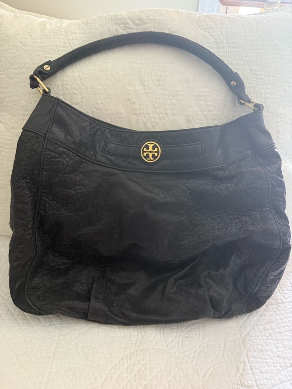 Tory Burch Black Leather Shoulder Hobo with Gold Logo - Picture 1 of 4
